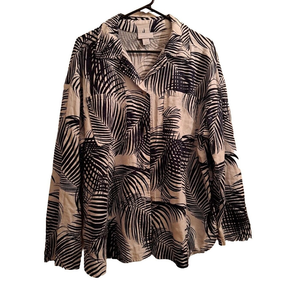 Liz Claiborne Shirt Linen Button Down Jacket Shacket Palm Leaves